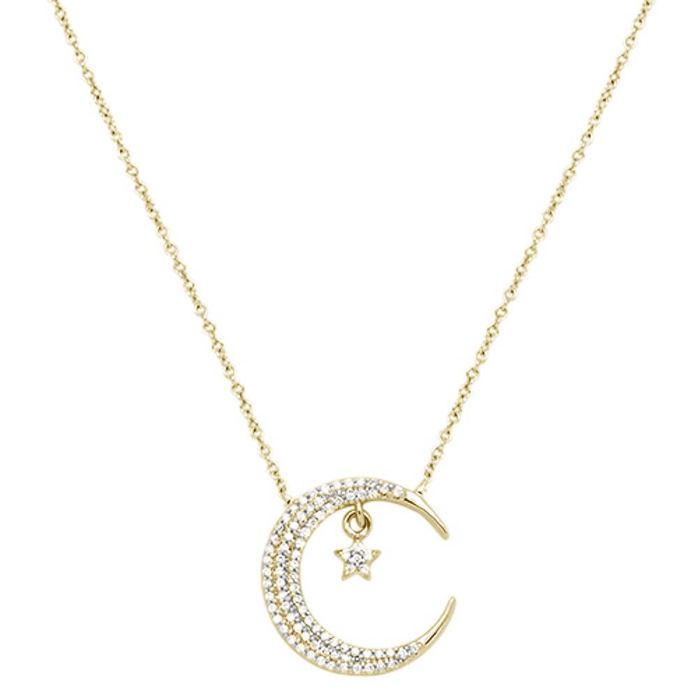 ''SPECIAL! .18ct 14k Yellow GOLD Crescent Moon Star Diamond Pendant Necklace 18'''' Long''