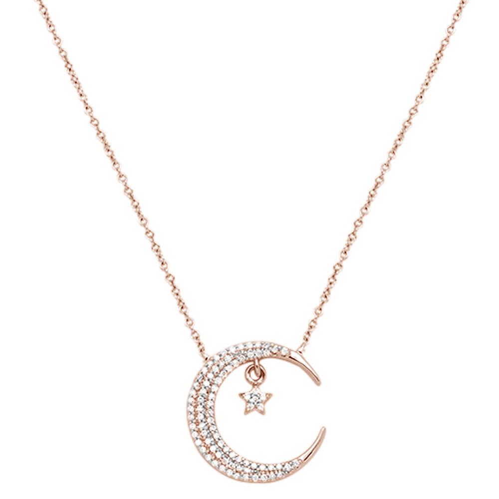 ''SPECIAL! .16ct 14k Rose GOLD Crescent Moon Star Diamond Pendant Necklace 18'''' Long''