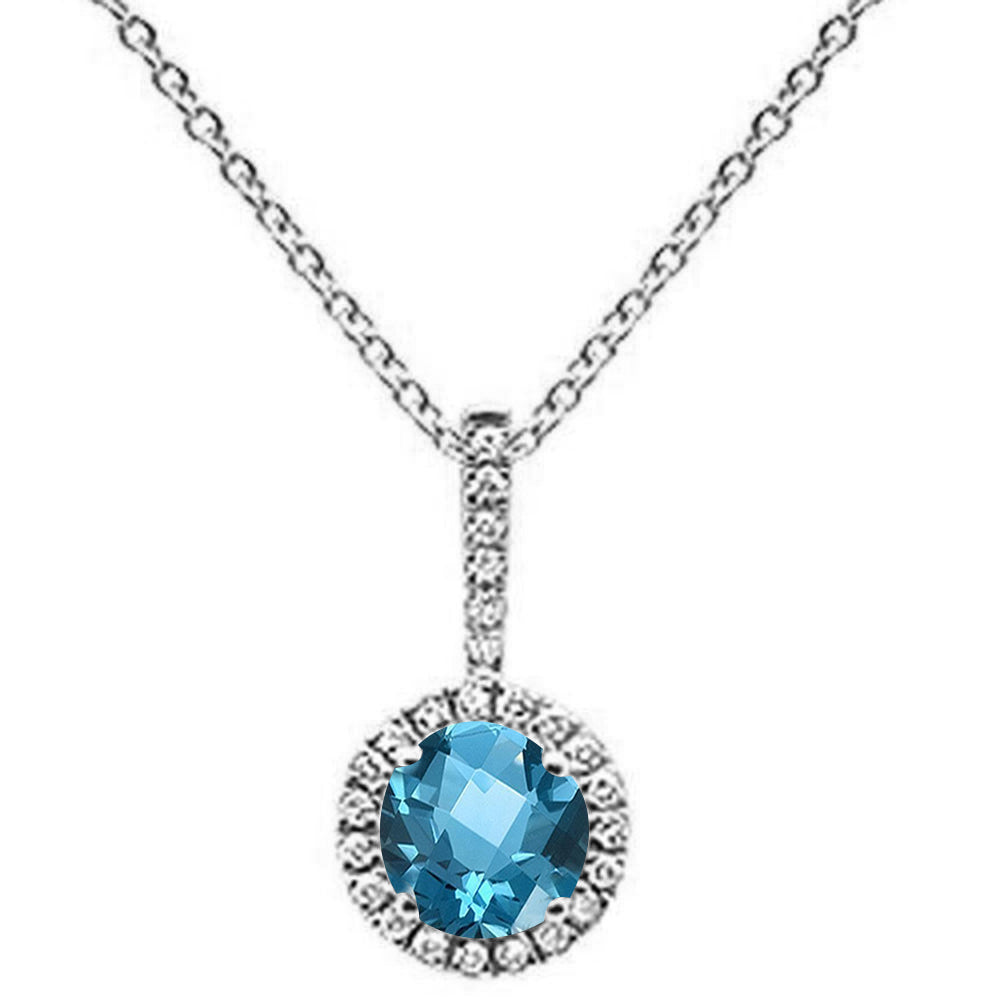 .54ct 10k White Gold Round Natural Blue Topaz & Diamond Pendant NECKLACE