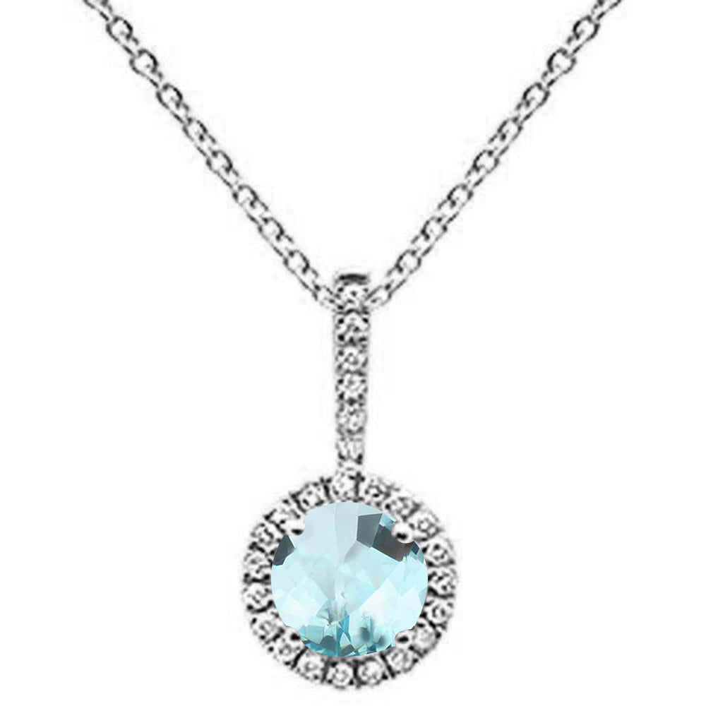 ''GEMSTONE CLOSEOUT  .51ct Round Aquamarine 10k White Gold Diamond Pendant NECKLACE 18'''' Long''