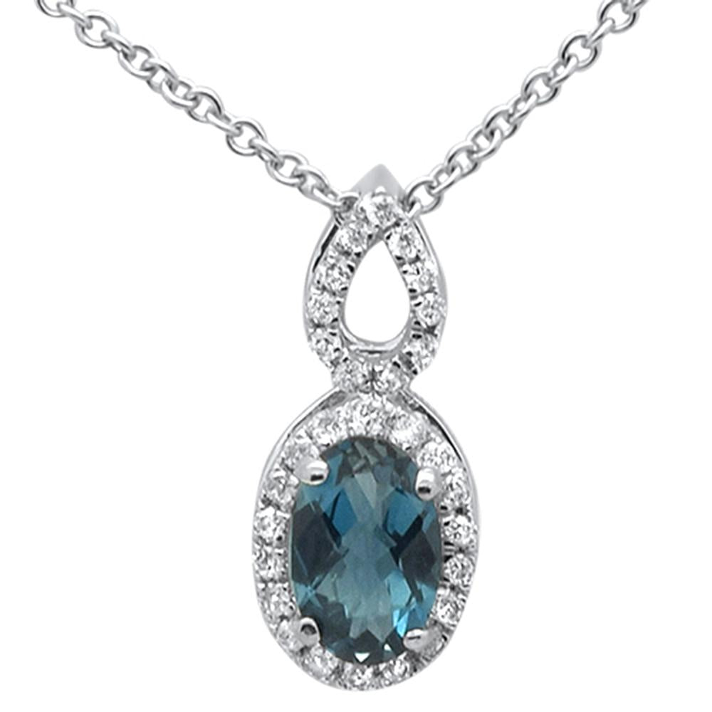 ''GEMSTONE CLOSEOUT  .62cts 10k White Gold Oval Blue Topaz & Diamond Pendant NECKLACE 18'''' Long''