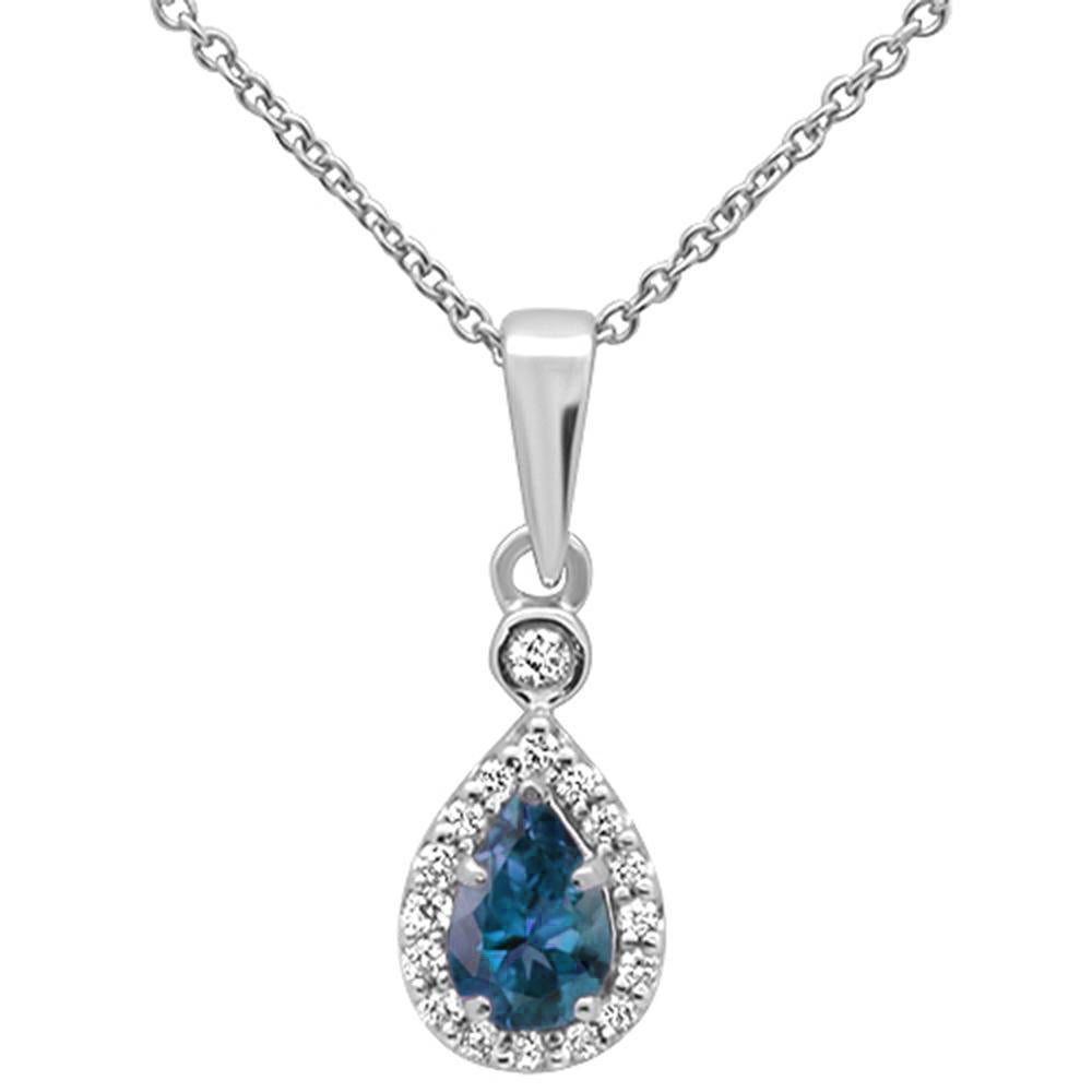 ''GEMSTONE CLOSEOUT  .53cts 10k White Gold Pear Blue Topaz & Diamond Pendant NECKLACE 18'''' Long''