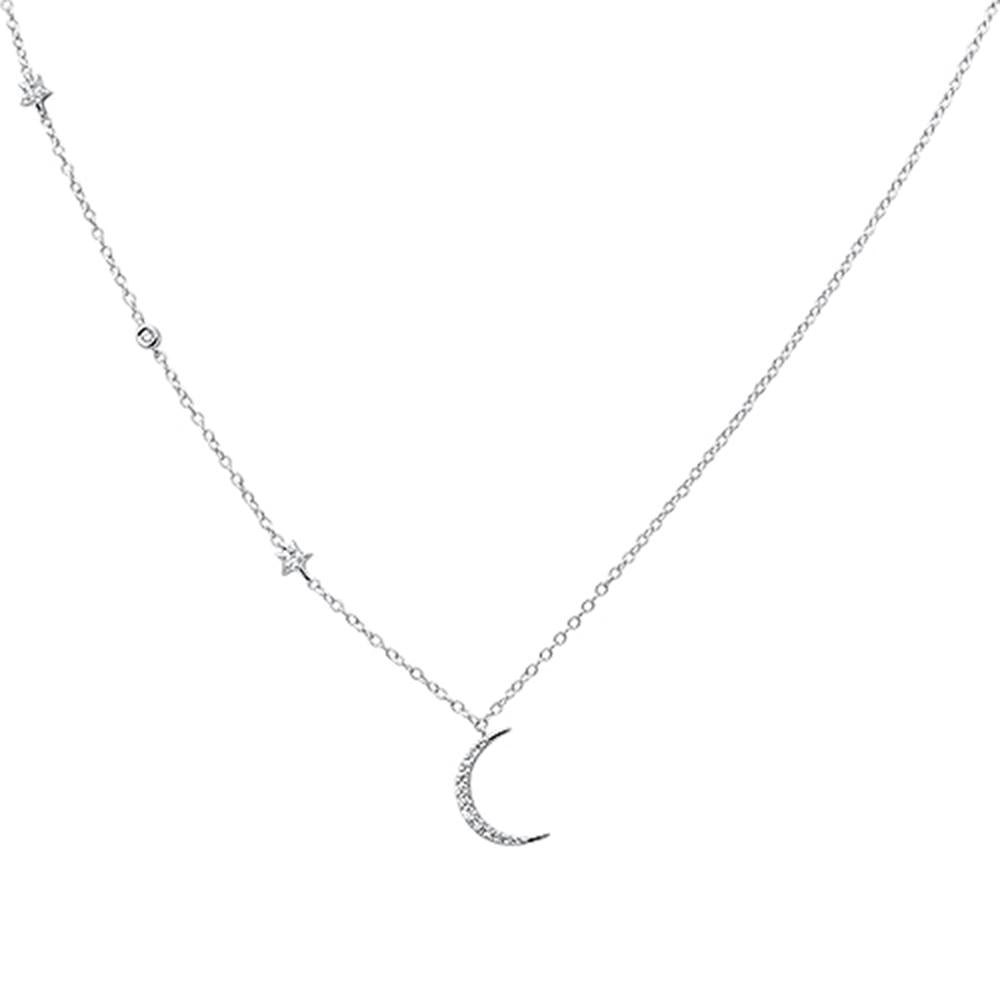 ''.11ct 14k White GOLD Diamond Star Crescent Moon Trendy Necklace 18''''''