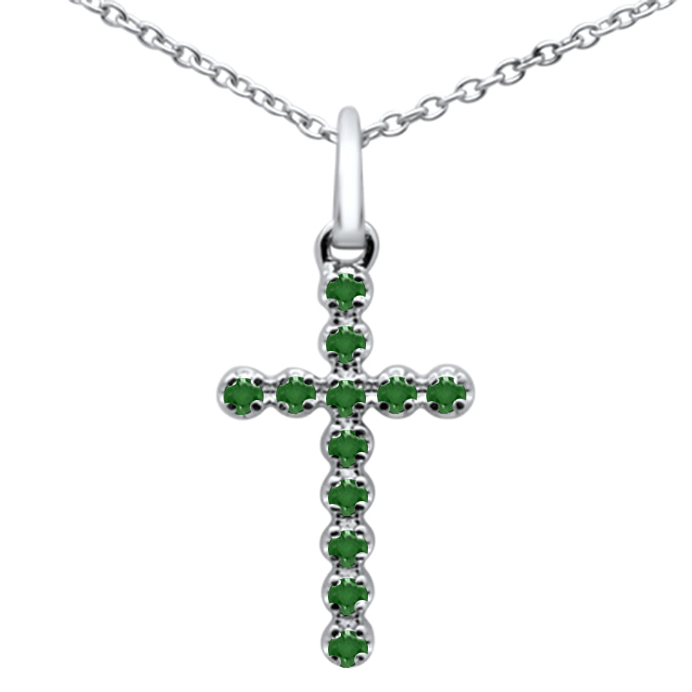 ''.09ct G SI 14K White GOLD Natural Emerald Cross Pendant Necklace 16+2'''' Ext.''