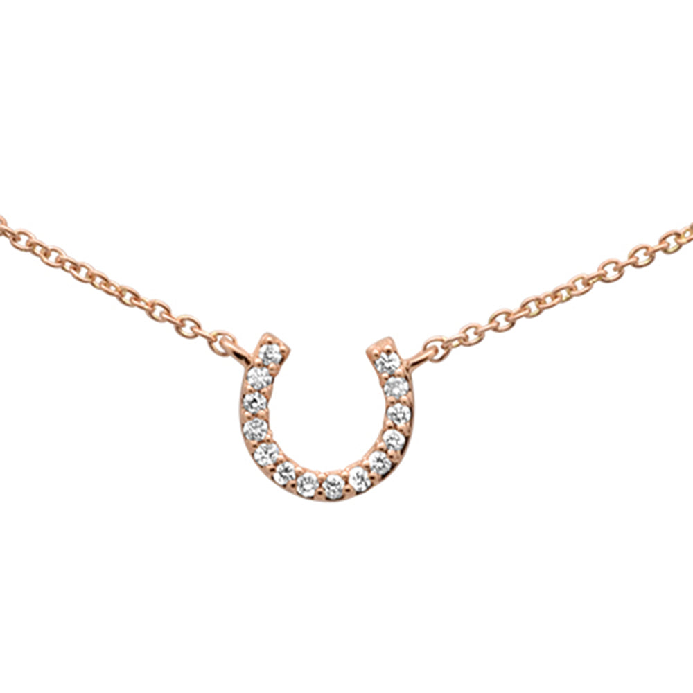 ''.07ct F SI 14K Rose Gold Diamond Horse SHOE Good Luck Pendant Necklace 16'''' + 2'''' Ext''