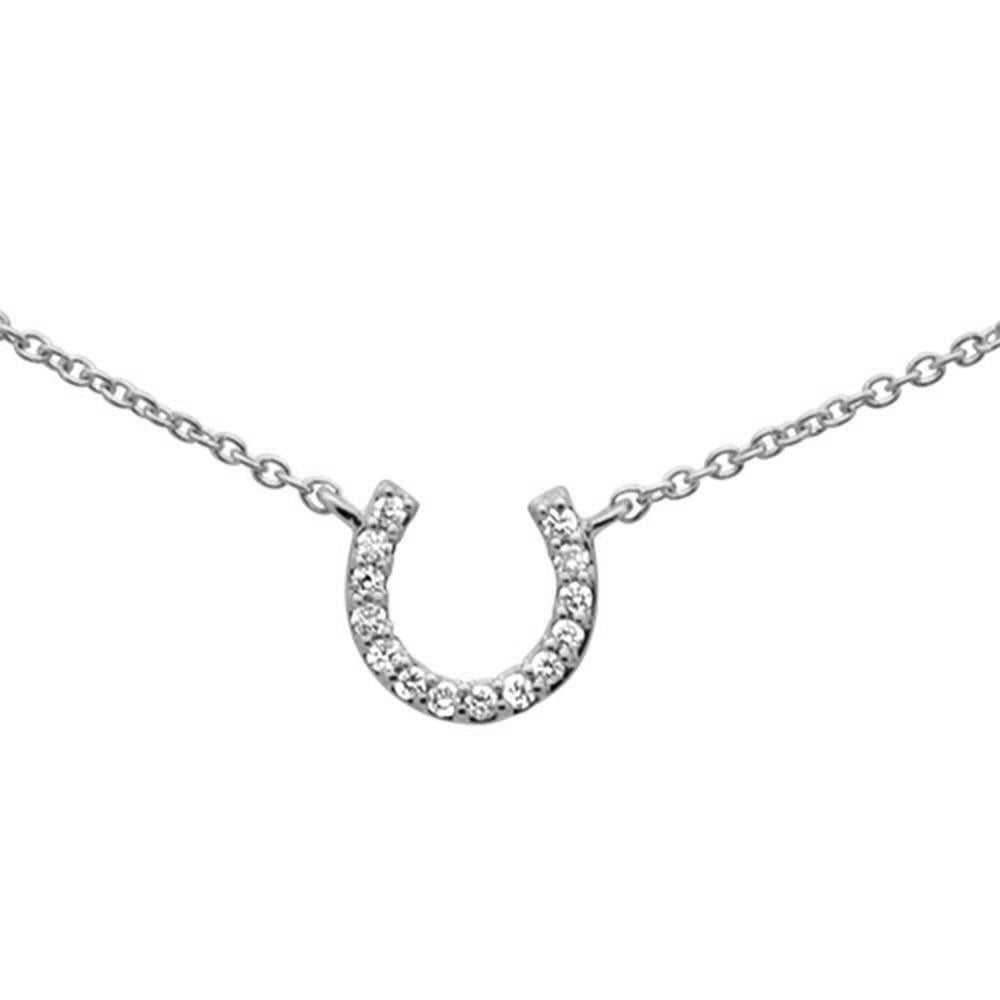 ''.05CT G SI 14K White Gold Diamond Horse SHOE Good Luck Pendant Necklace 16'''' + 2'''' Ext''