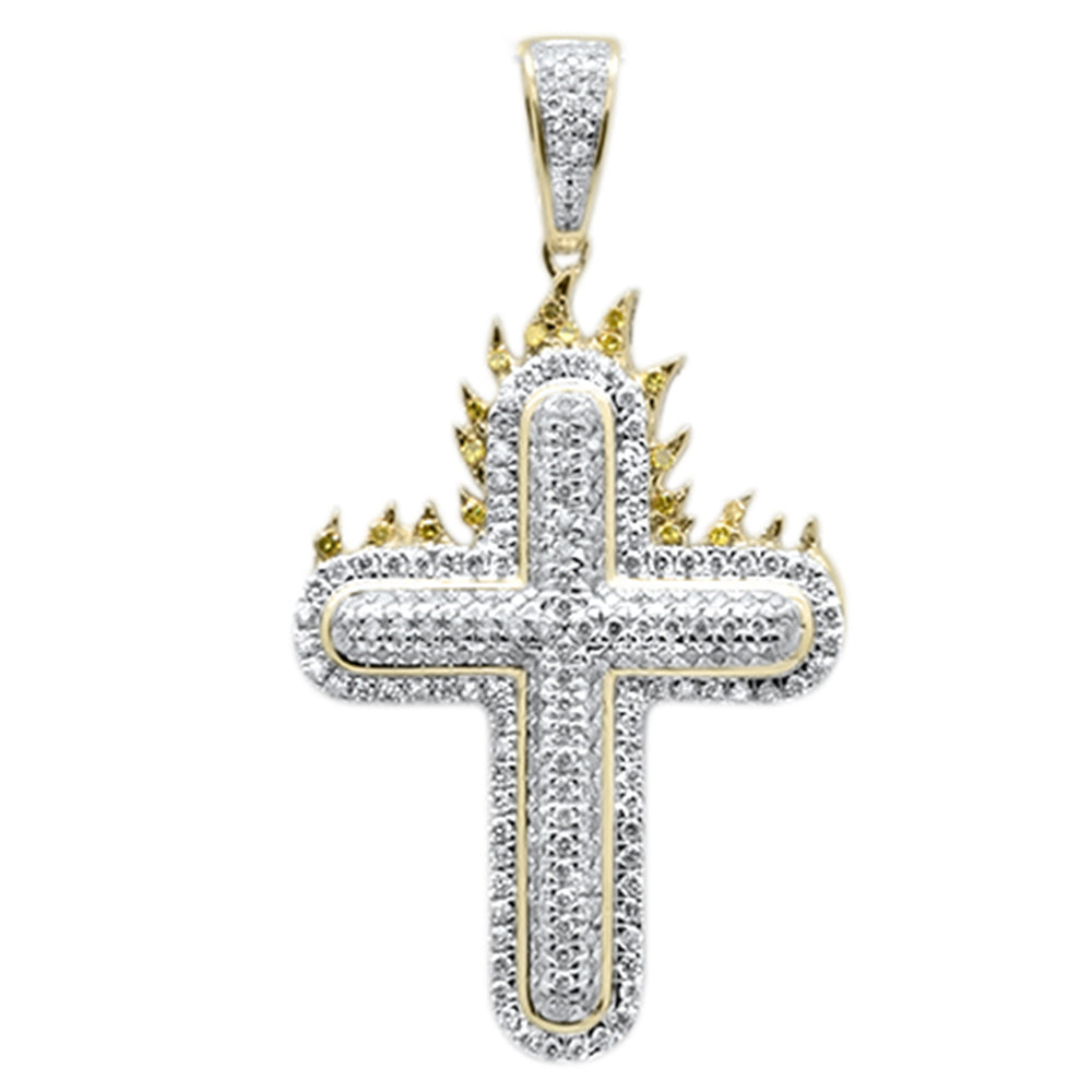 ''SPECIAL! .93CT G SI 10KT Yellow Gold Diamond Iced Out Hip Hop Cross & Flames PENDANT''