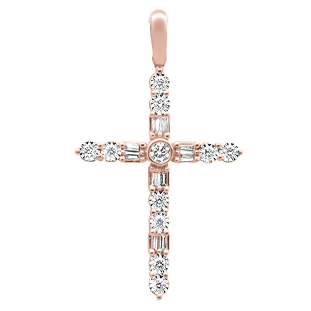 .25ct G SI 14K Rose GOLD Diamond Cross Baguette & Round Pendant