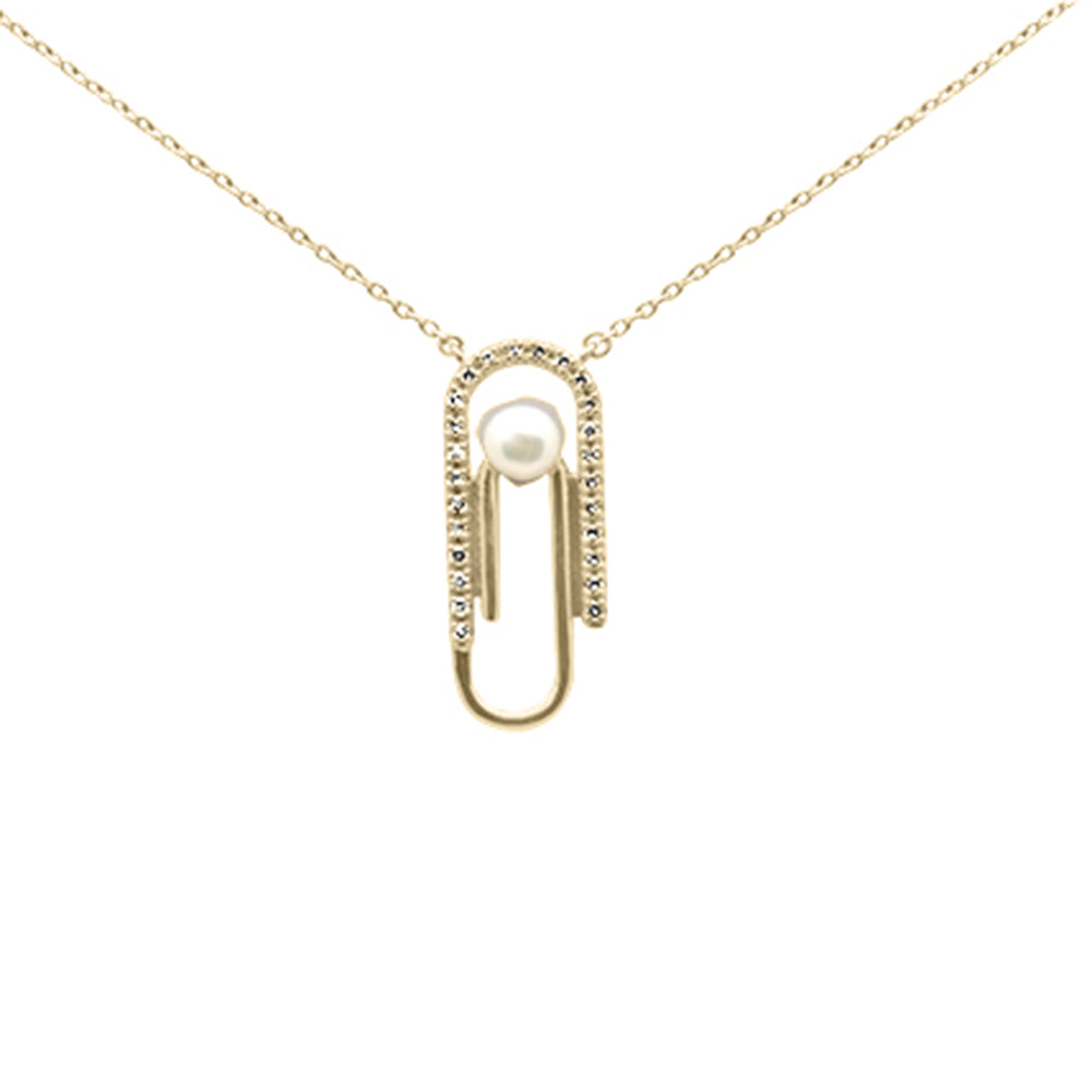 ''SPECIAL! .10ct G SI 14K Yellow GOLD Diamond Pearl Paperclip Style Pendant Necklace''