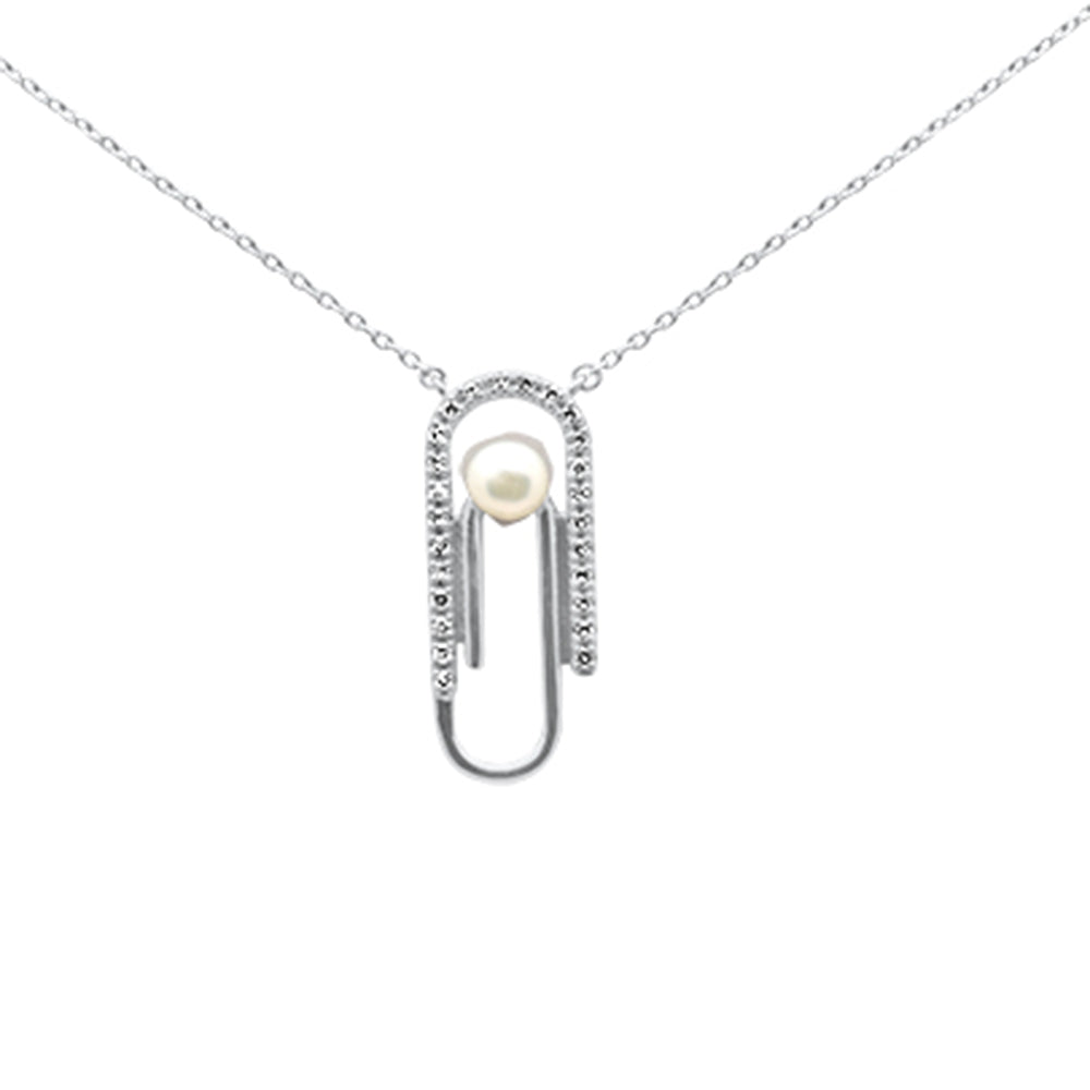 ''SPECIAL! .10ct G SI 14K White Gold Diamond Pearl Paperclip Style PENDANT Necklace''