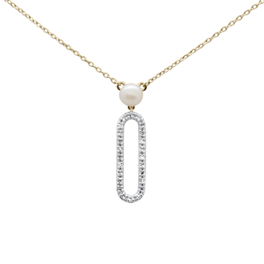 ''SPECIAL! .10ct G SI 14K Yellow Gold Diamond Pearl & Diamond Paperclip Pendant NECKLACE''