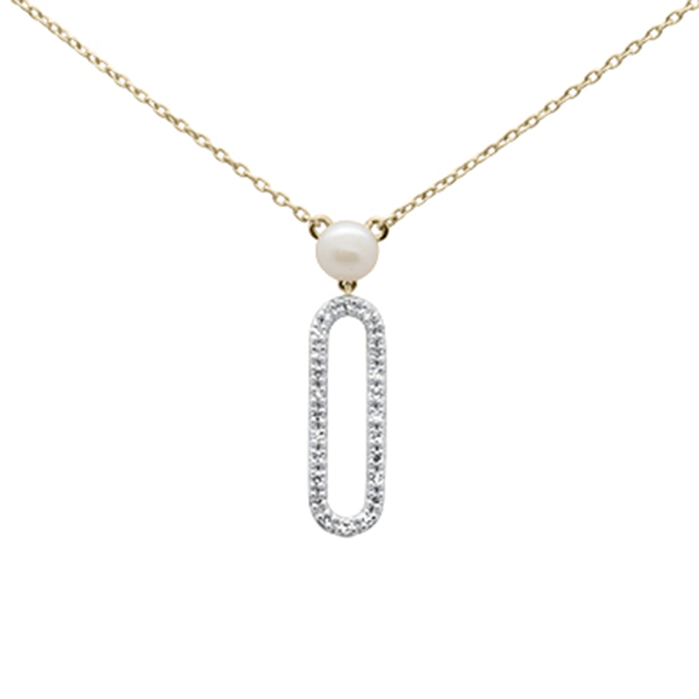 .10ct G SI 14K Yellow Gold DIAMOND Pearl & DIAMOND Paperclip Pendant Necklace