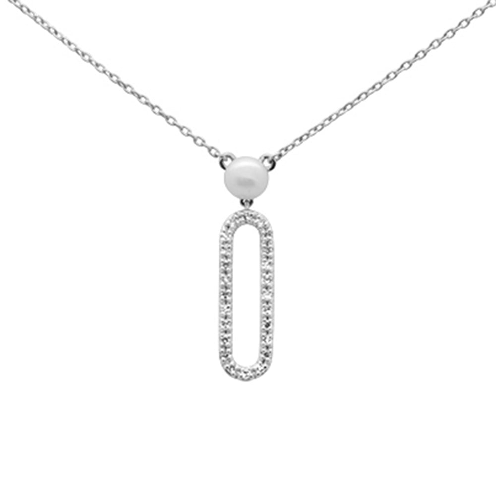''SPECIAL! .10ct G SI 14K White Gold Diamond Pearl & Diamond Paperclip PENDANT Necklace''