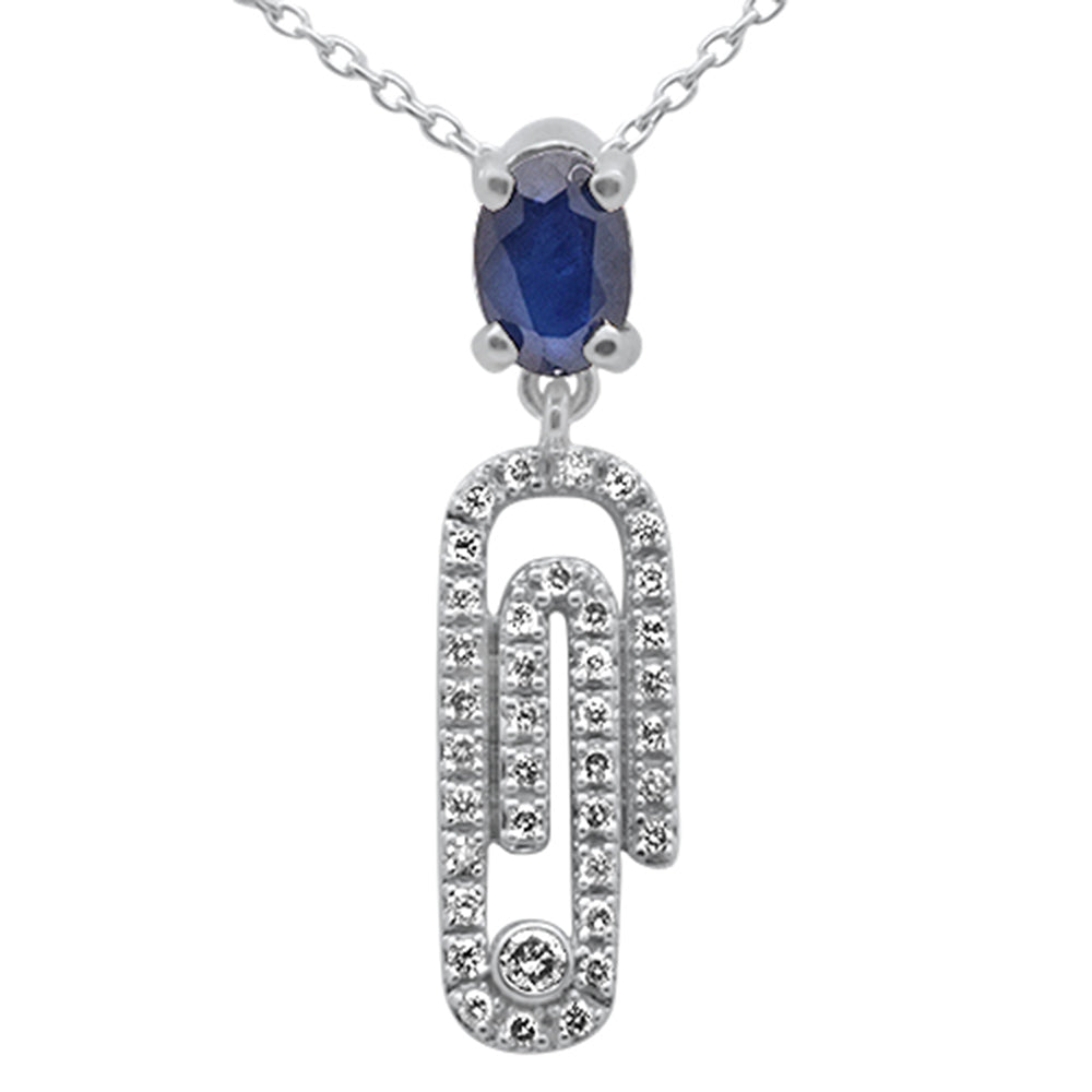 ''SPECIAL! .82ct G SI 14K White Gold Oval Blue Sapphire Gemstone & Diamond Paperclip PENDANT Necklace