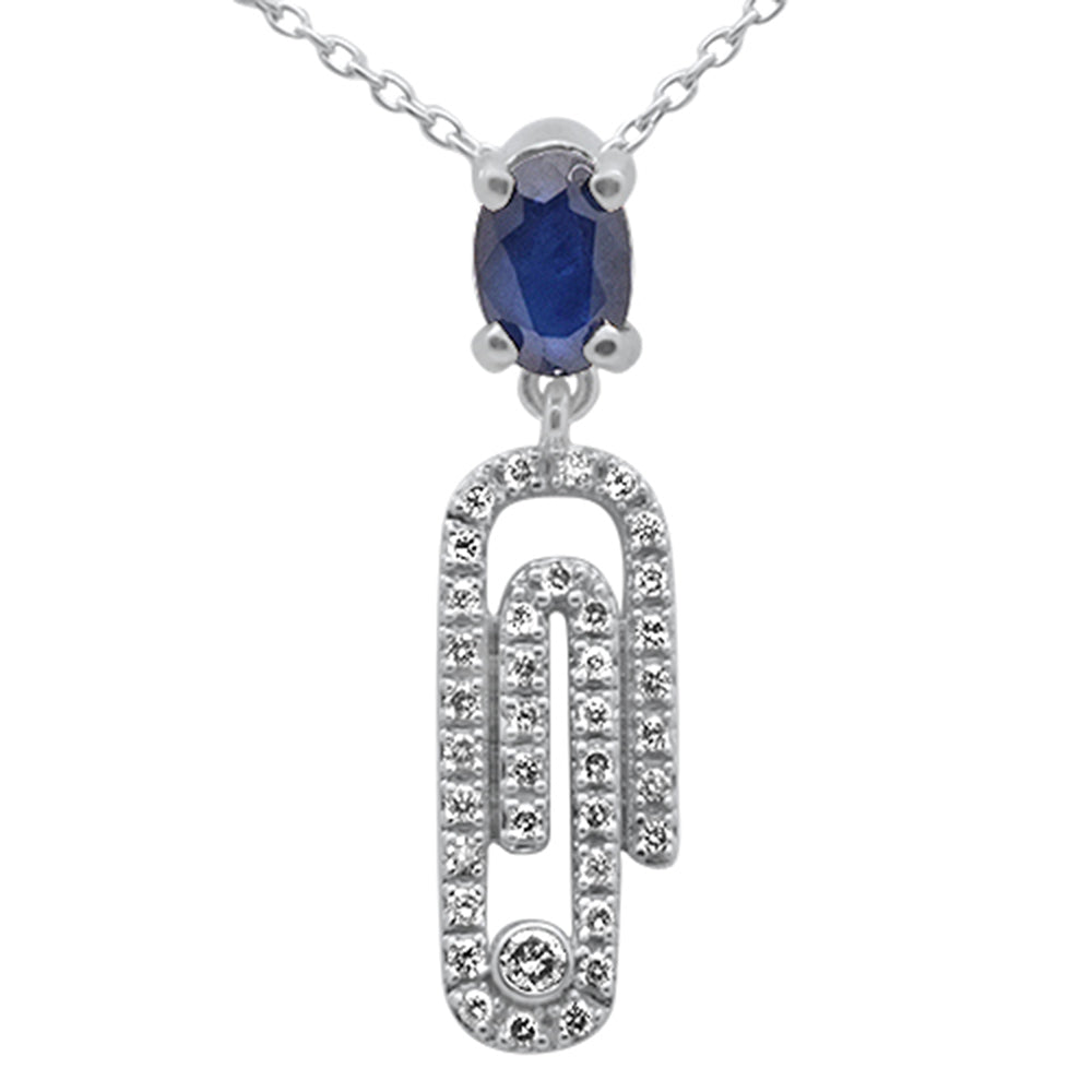 ''SPECIAL! .82ct G SI 14K White Gold Oval Blue Sapphire Gemstone & DIAMOND Paperclip Pendant Necklace
