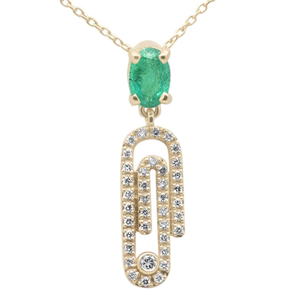 ''SPECIAL! .66ct G SI 14K Yellow GOLD Oval Emerald Gemstone & Diamond Paperclip Pendant Necklace 18''''