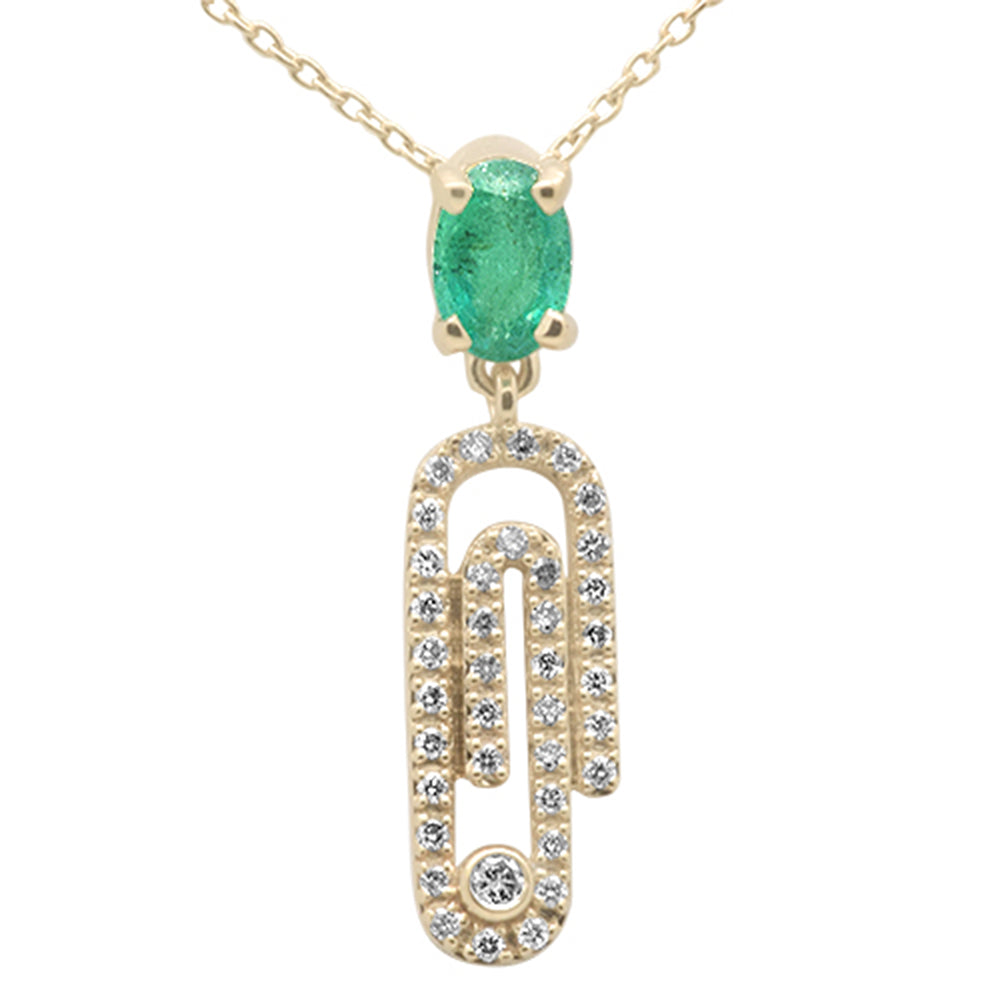 ''SPECIAL! .66ct G SI 14K Yellow Gold Oval Emerald Gemstone & Diamond Paperclip PENDANT Necklace 18''''