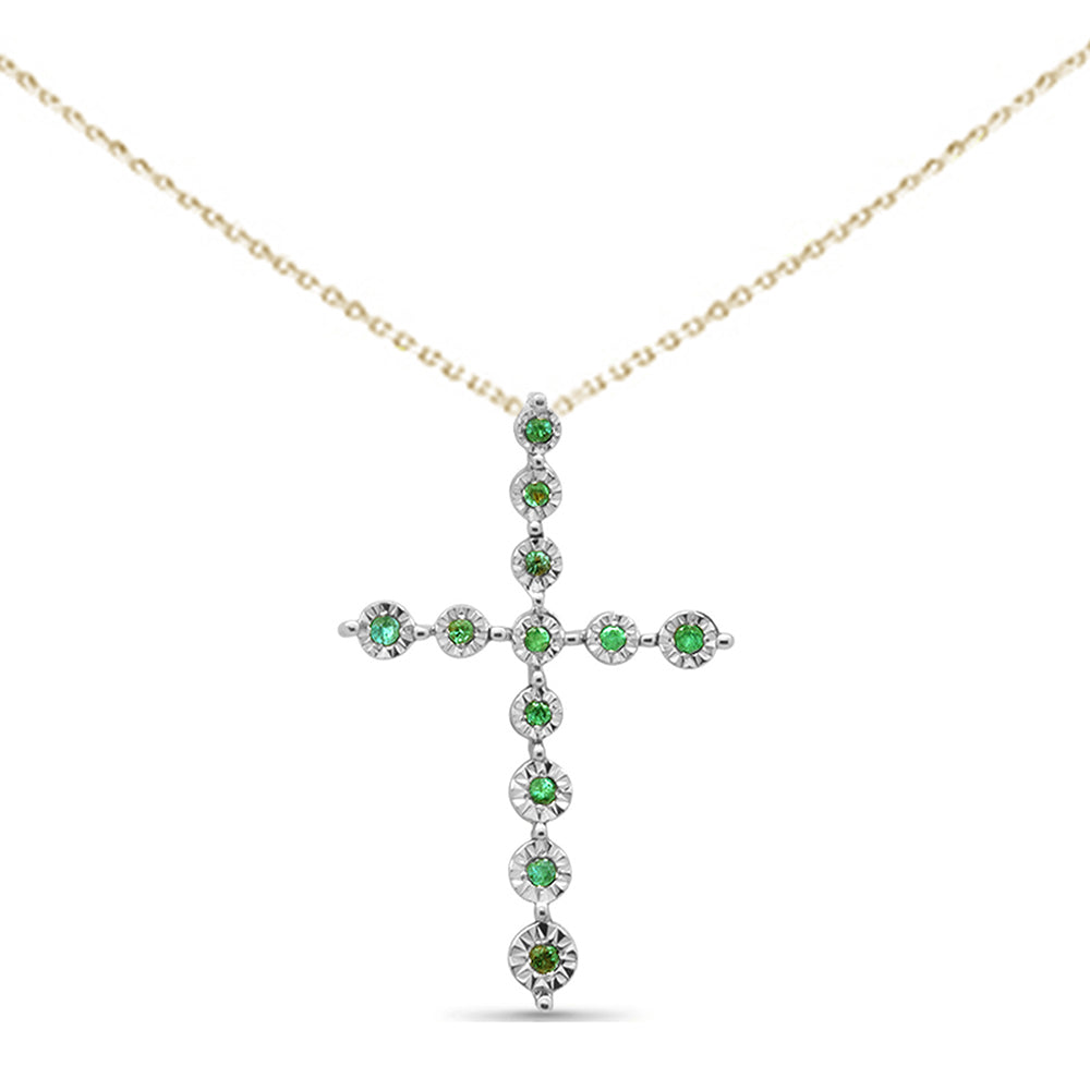 ''.09ct G SI 14K Yellow Gold Emerald Gemstone Cross CHARM Pendant Necklace 18'''' Long''