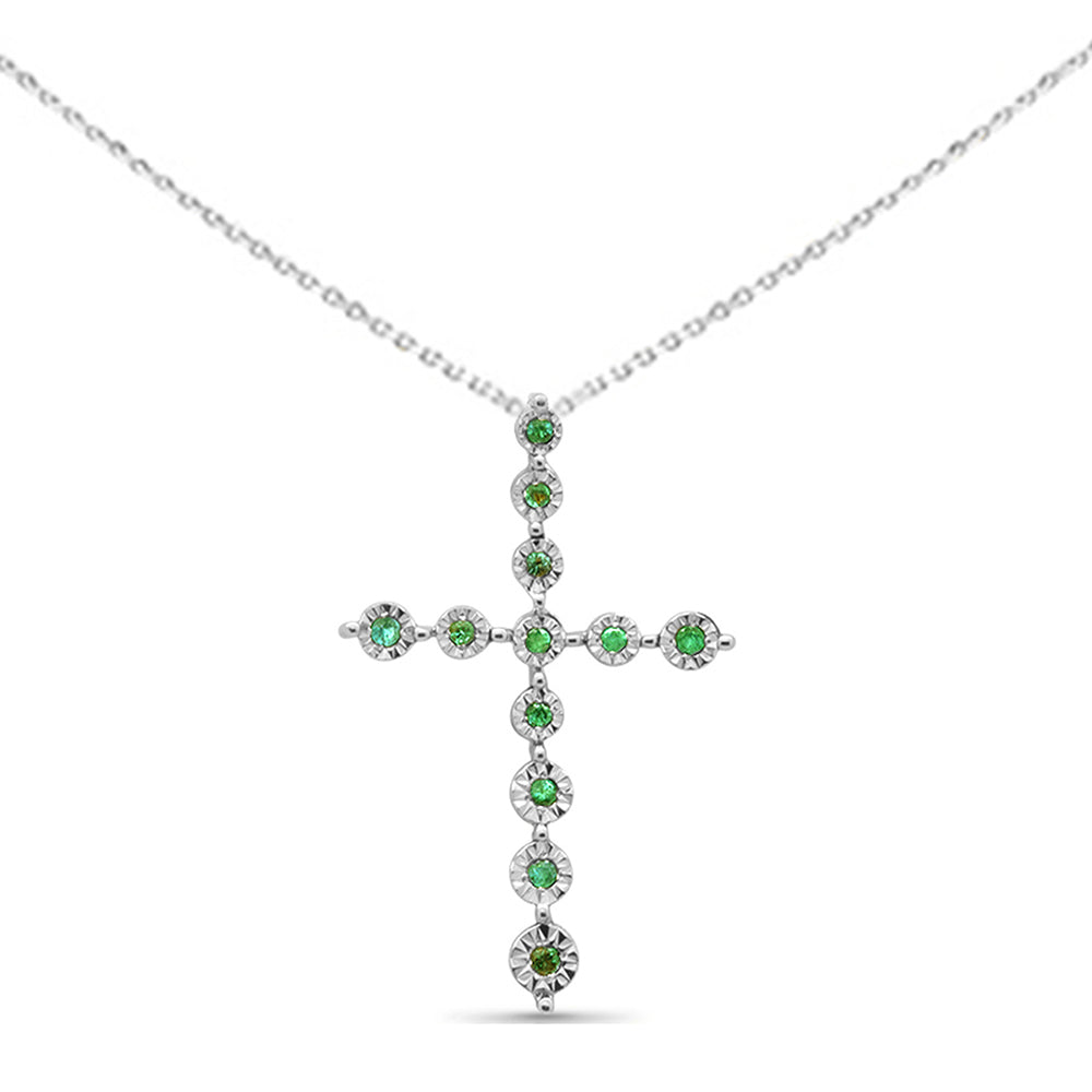 ''.07ct G SI 14K White Gold Emerald Gemstone Cross Charm PENDANT Necklace 18'''' Long''