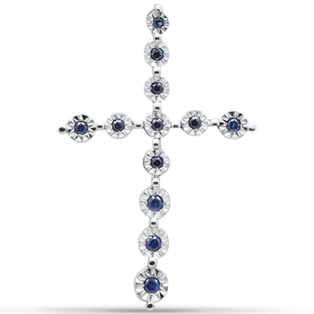 .12ct G SI 14K White GOLD Diamond Blue Sapphire Gemstone Cross Pendant