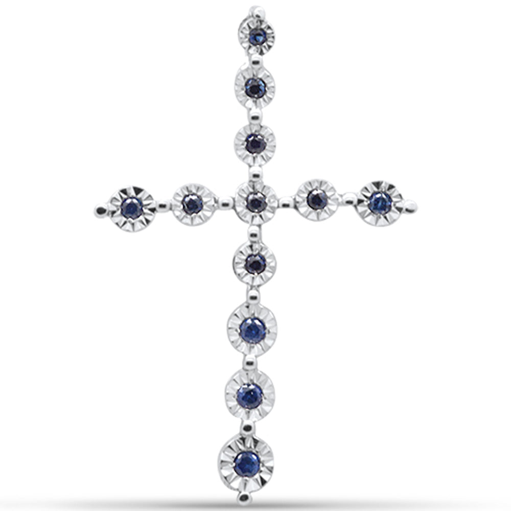 .12ct G SI 14K White Gold Diamond Blue Sapphire Gemstone Cross PENDANT