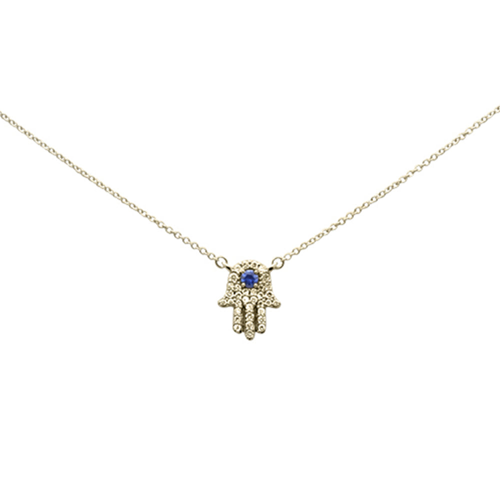 ''SPECIAL! .31ct G SI 14K Yellow Gold Diamond & Blue Sapphire Hamsa Pendant NECKLACE 18'''' Long Chain''