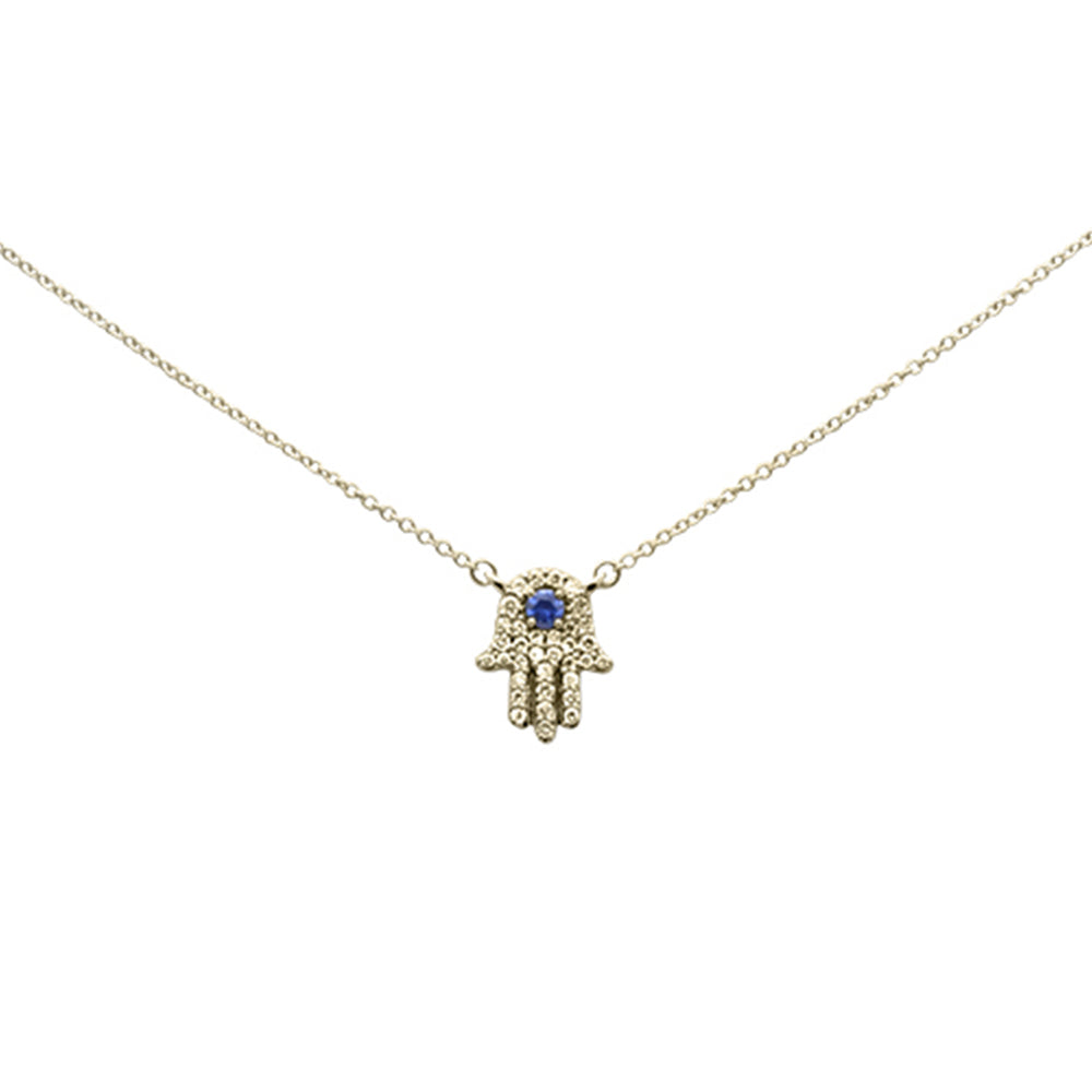 ''SPECIAL! .31ct G SI 14K Yellow Gold Diamond & Blue Sapphire Hamsa PENDANT Necklace 18'''' Long Chain''
