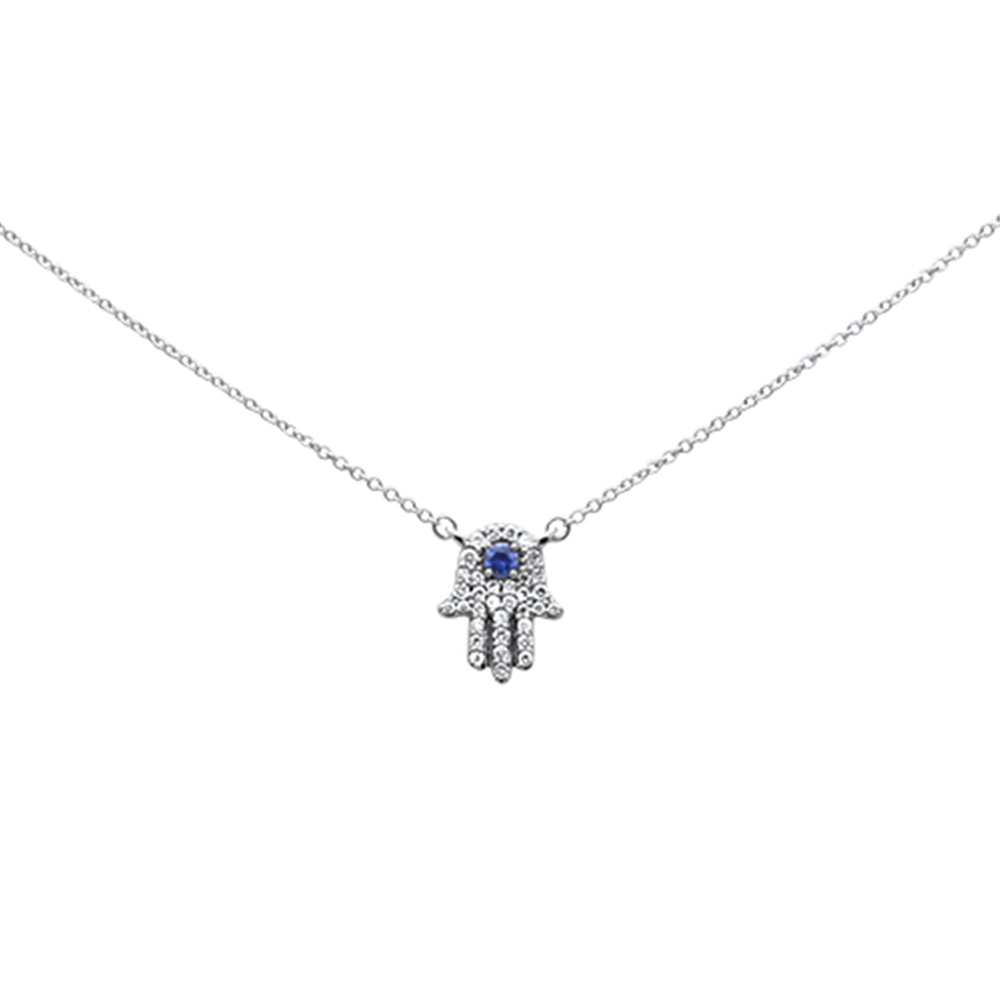 ''SPECIAL! .32ct G SI 14K White Gold Diamond & Blue Sapphire Hamsa PENDANT Necklace 18'''' Long Chain''