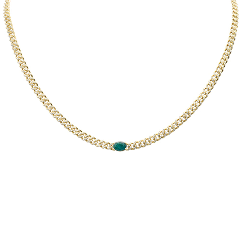 ''SPECIAL! 2.05ct G SI 14K Yellow Gold Oval Shaped Emerald Gemstone & Diamond Cuban NECKLACE 13+3'''' L