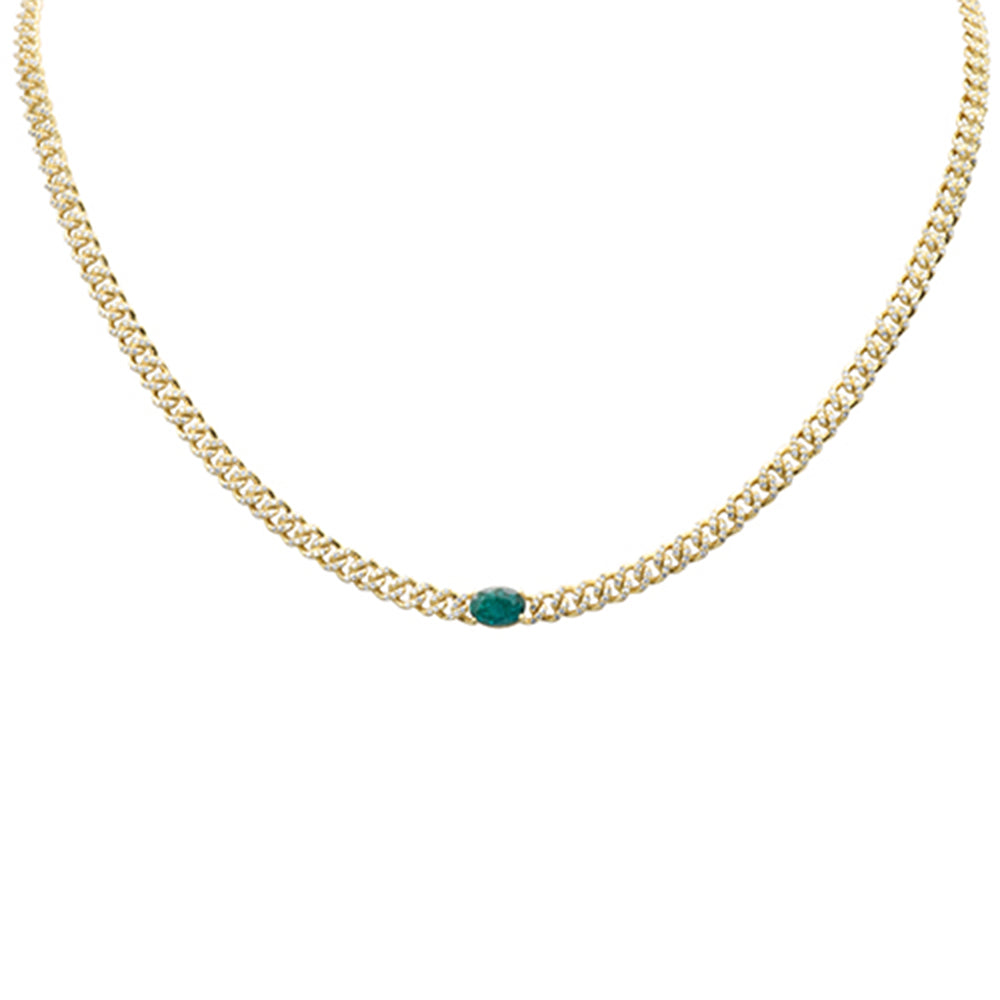 ''SPECIAL! 2.05ct G SI 14K Yellow GOLD Oval Shaped Emerald Gemstone & Diamond Cuban Necklace 13+3'''' L