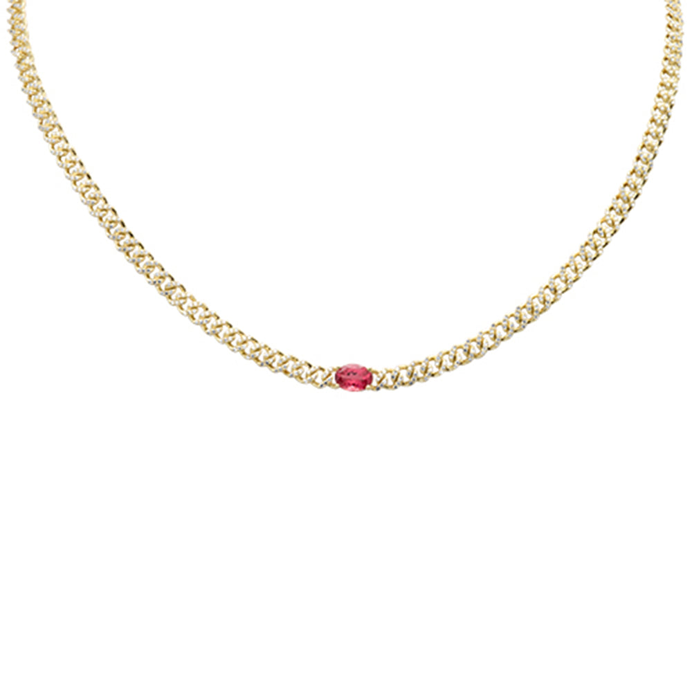 ''SPECIAL! 2.19ct G SI 14K Yellow GOLD Oval Shaped Pink Tourmaline Gemstone & Diamond Cuban Necklace 