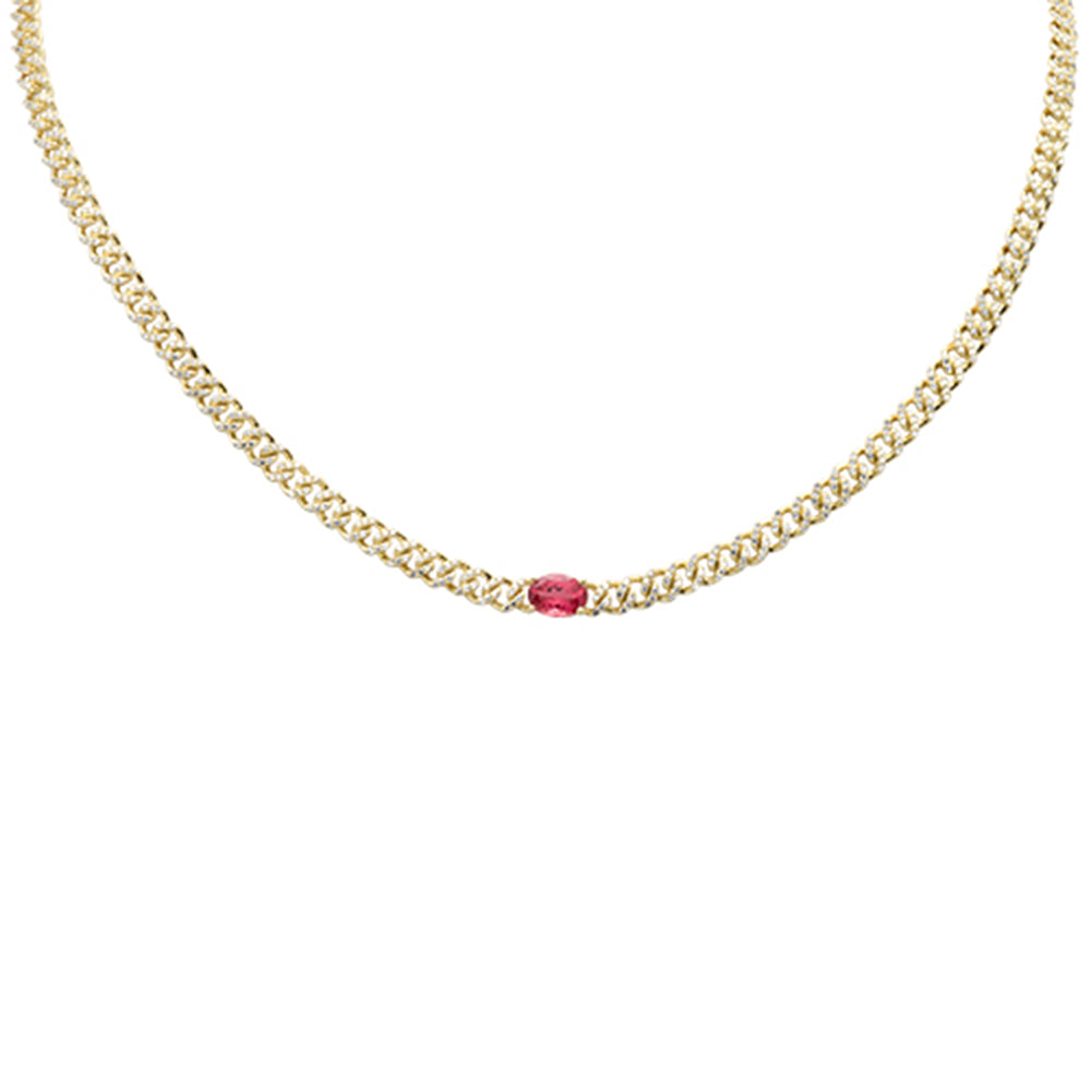 ''SPECIAL! 2.19ct G SI 14K Yellow Gold Oval Shaped Pink Tourmaline Gemstone & DIAMOND Cuban Necklace 