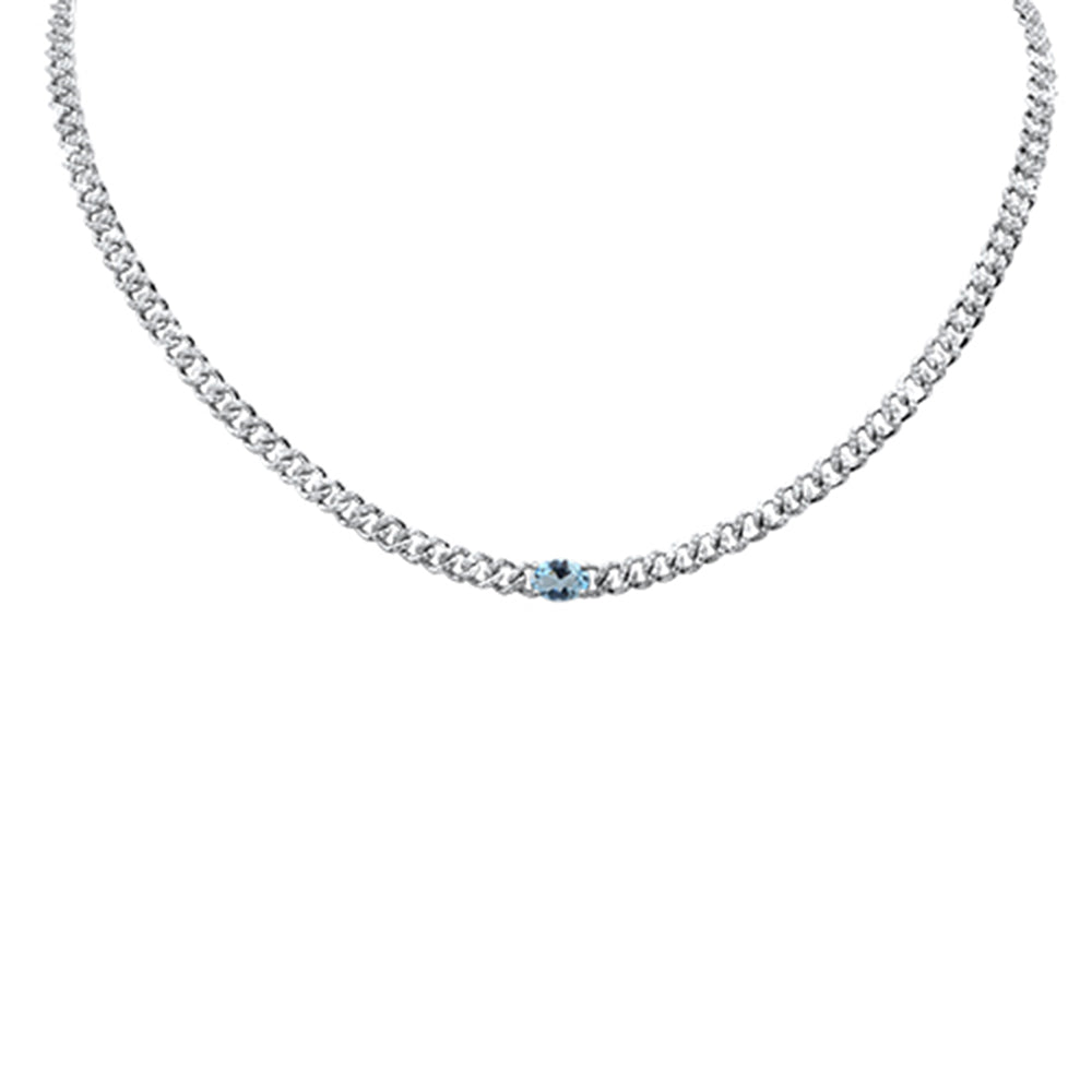 ''SPECIAL! 2.03ct G SI 14K White Gold Oval Shaped Aqua Gemstone & DIAMOND Cuban Necklace 13+3'''' Long''