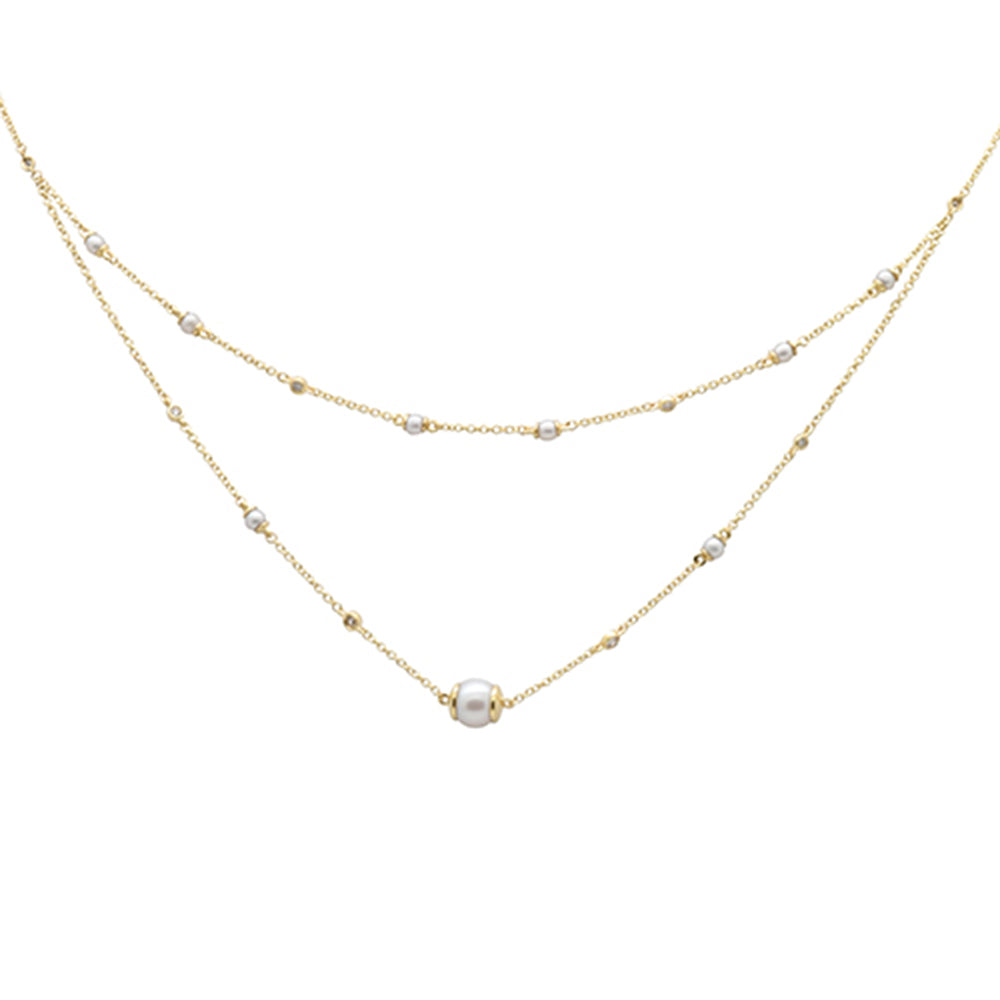 ''SPECIAL!.20ct G SI 14K Yellow Gold DIAMOND Double Chain Pearl Pendant Necklace 16+2'''' Long''