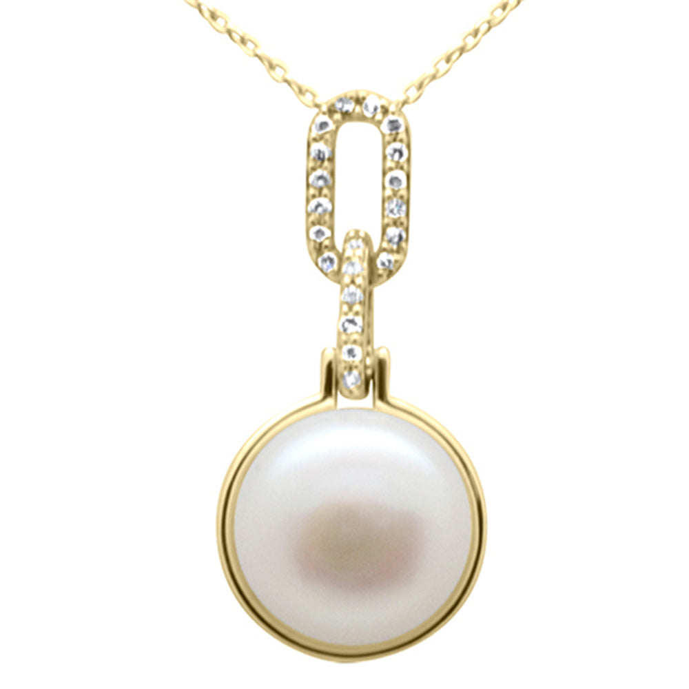 ''SPECIAL!.10ct G SI 14K Yellow Gold Diamond Pearl Pendant NECKLACE 18'''' Long Chain''