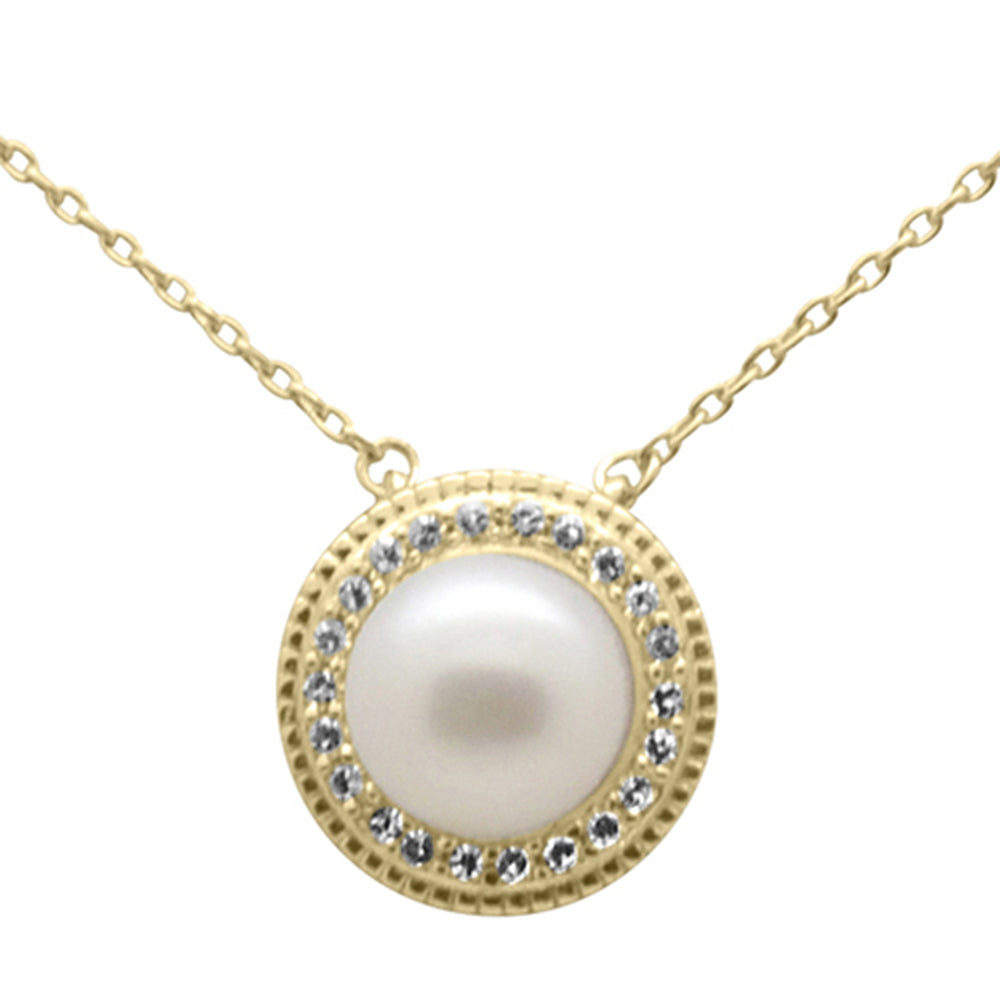 ''SPECIAL! .11ct G SI 14K Yellow Gold Diamond Pearl Pendant NECKLACE 18'''' Long Chain''