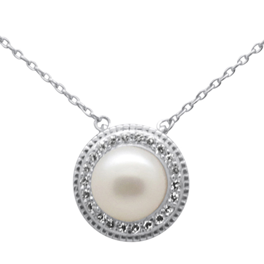 ''SPECIAL! .11ct G SI 14K White Gold DIAMOND Pearl Pendant Necklace 18'''' Long Chain''