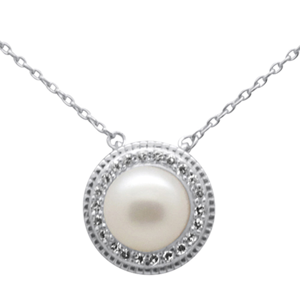 ''SPECIAL! .11ct G SI 14K White Gold Diamond Pearl PENDANT Necklace 18'''' Long Chain''