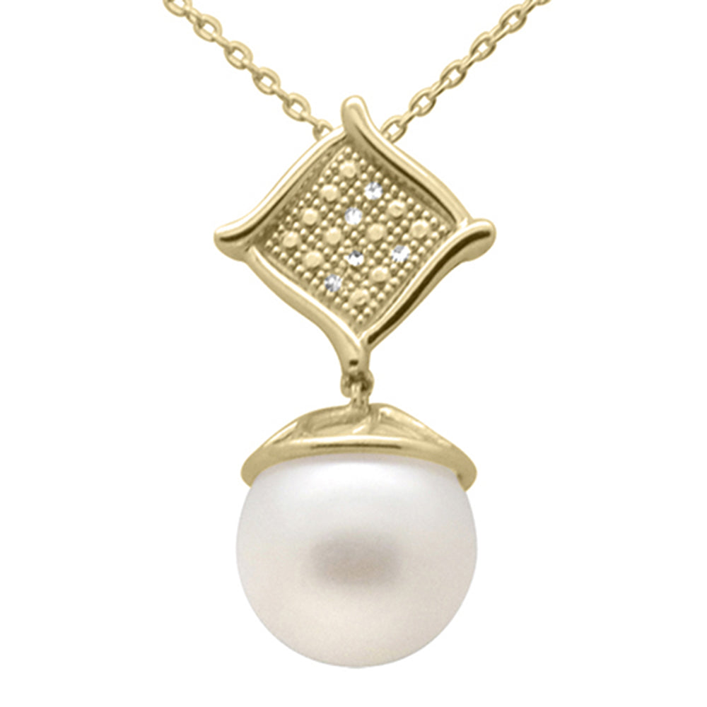 ''SPECIAL! .03ct G SI 14K Yellow Gold Diamond Pearl PENDANT Necklace 18'''' Long Chain''