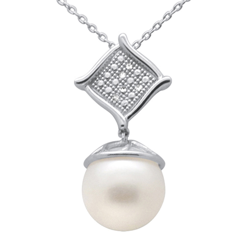 ''SPECIAL! .03ct G SI 14K White Gold Diamond Pearl Pendant NECKLACE 18'''' Long Chain''