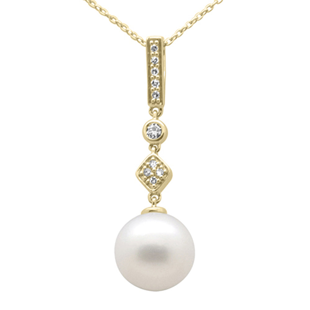 ''SPECIAL! .10ct G SI 14K Yellow Gold Diamond Pearl PENDANT Necklace 18'''' Long Chain''