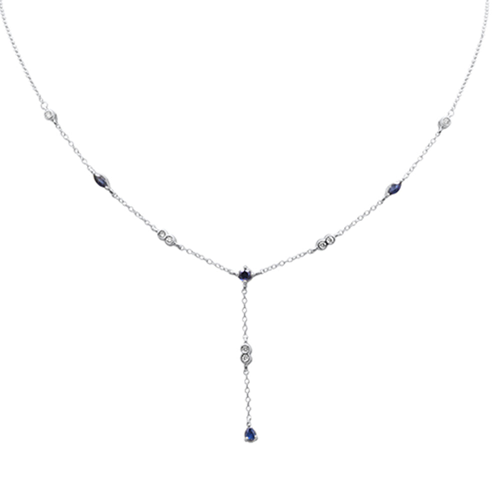 ''SPECIAL! .98ct G SI 14K White Gold DIAMOND Blue Sapphire Gemstone Drop Pendant Necklace 16'''' + 2'''' 