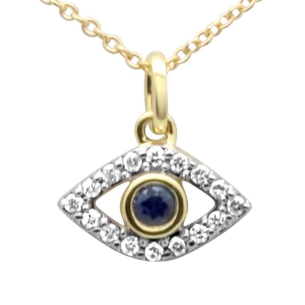 ''SPECIAL! .18ct G SI 14K Yellow Gold Diamond Blue Sapphire Gemstones Evil Eye Pendant NECKLACE 16 + 