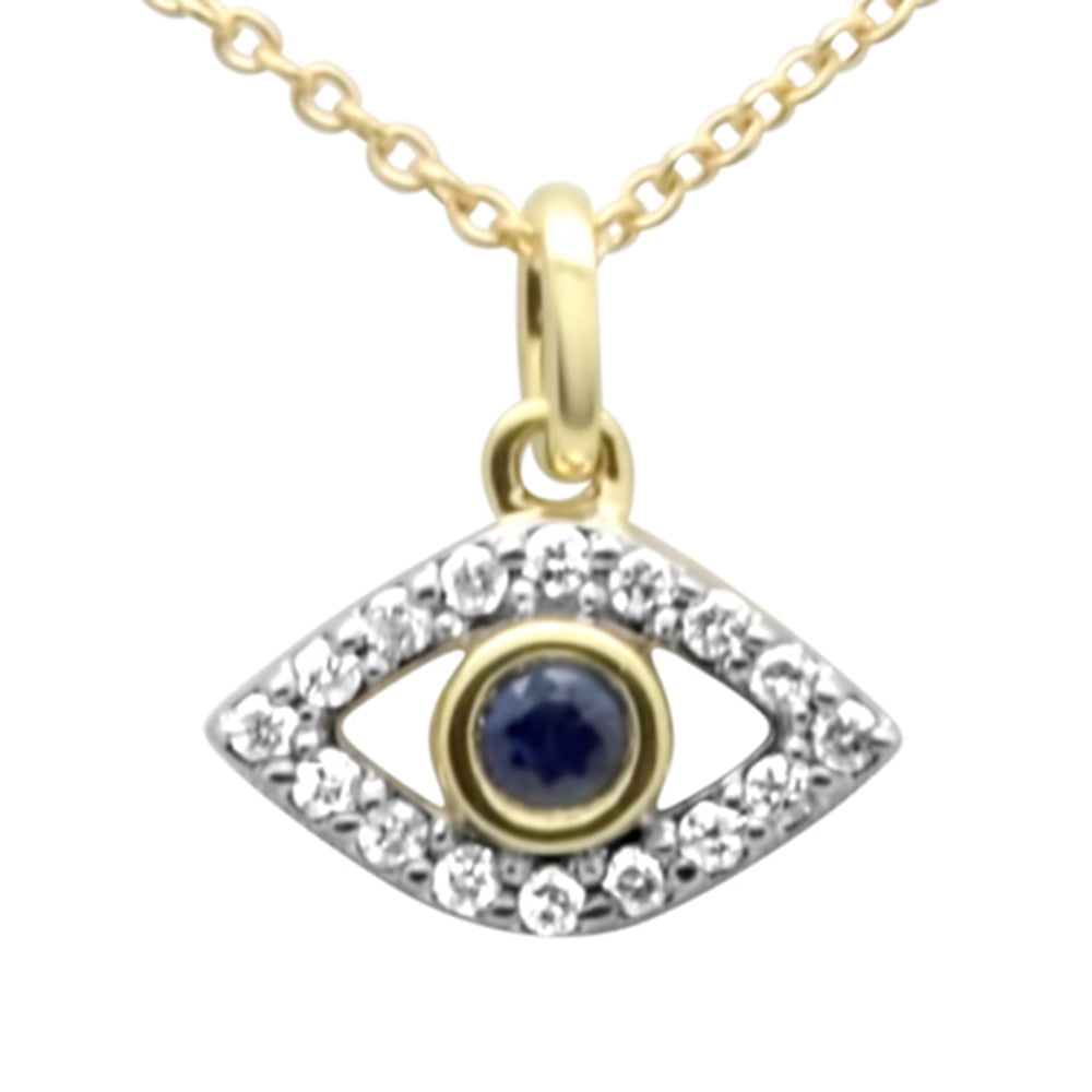 ''SPECIAL! .18ct G SI 14K Yellow Gold DIAMOND Blue Sapphire Gemstones Evil Eye Pendant Necklace 16 + 