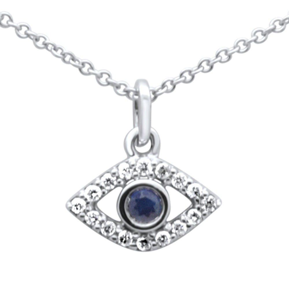 ''SPECIAL! .19ct G SI 14K White GOLD Diamond & Blue Sapphire Gemstone Evil Eye Pendant Necklace 16'''' 