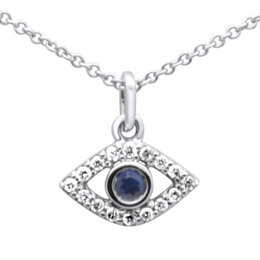 ''SPECIAL! .19ct G SI 14K White Gold Diamond & Blue Sapphire Gemstone Evil Eye PENDANT Necklace 16'''' 