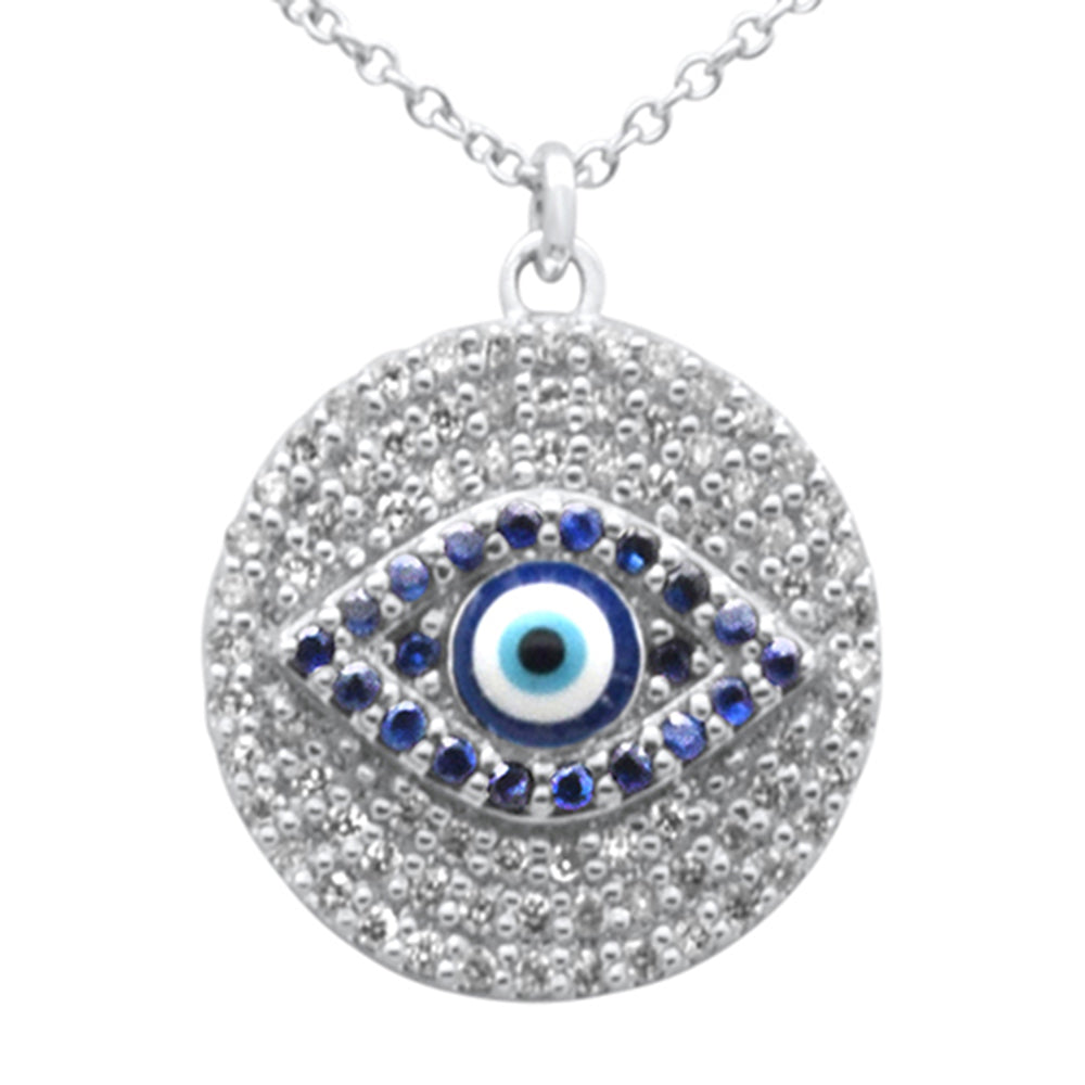 ''SPECIAL! .48ct G SI 14K White Gold DIAMOND & Blue Sapphire Gemstone Round Evil Eye Pendant Necklace