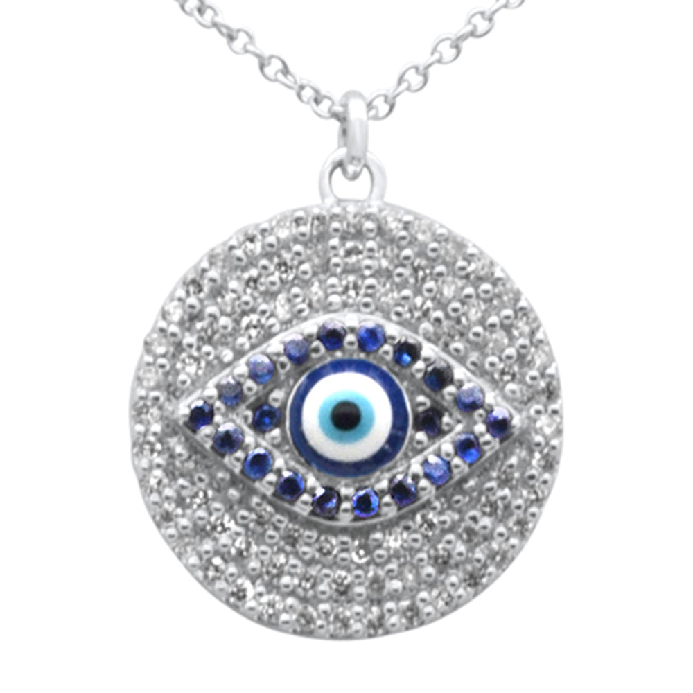 ''SPECIAL! .48ct G SI 14K White Gold Diamond & Blue Sapphire Gemstone Round Evil Eye Pendant NECKLACE