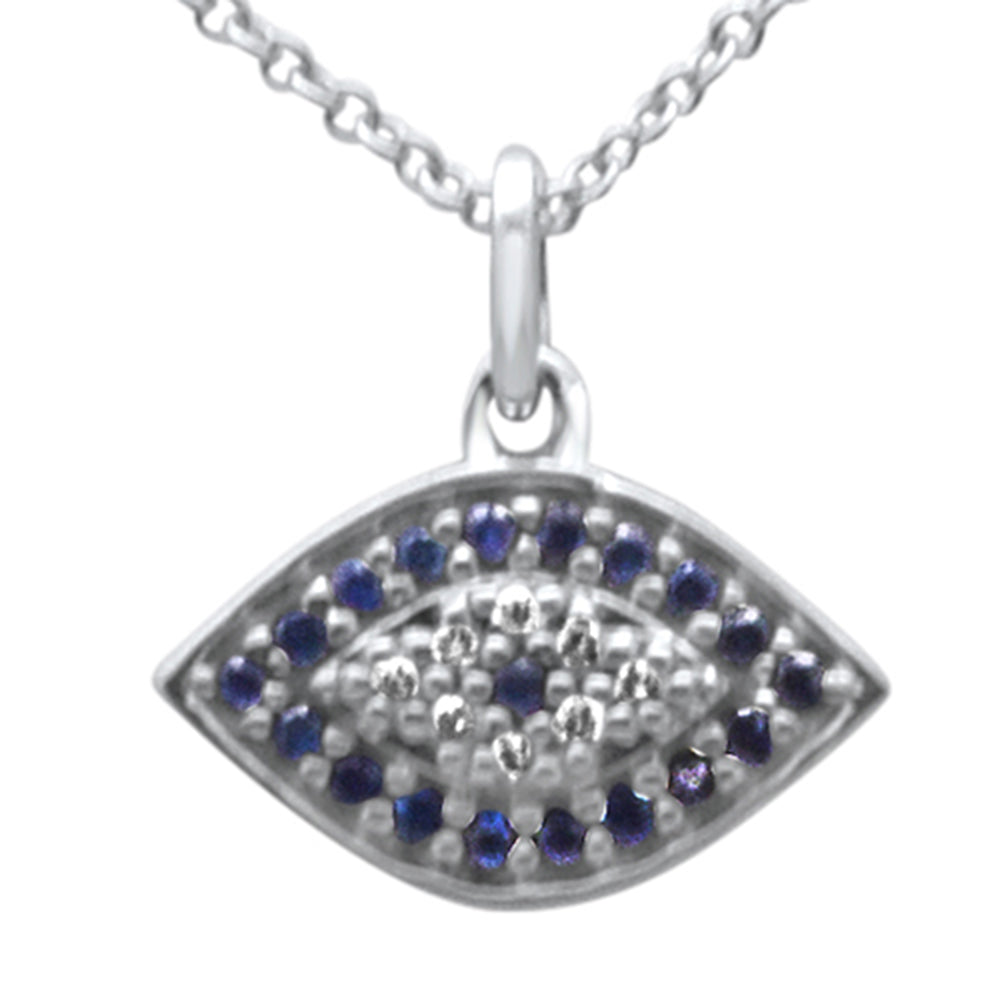 ''SPECIAL! .19ct G SI 14K White Gold Diamond & Blue Sapphire Gemstone Evil Eye Pendant NECKLACE 18'''' 