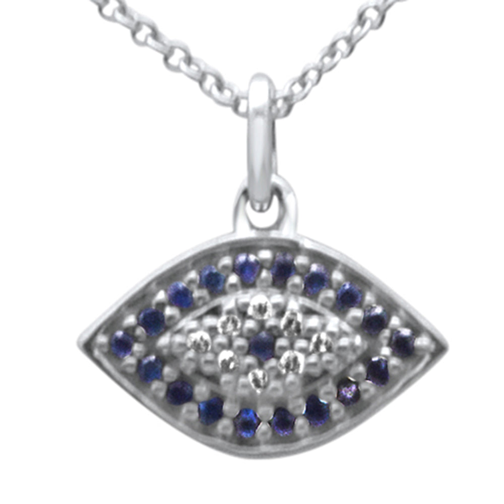 ''SPECIAL! .19ct G SI 14K White Gold DIAMOND & Blue Sapphire Gemstone Evil Eye Pendant Necklace 18'''' 